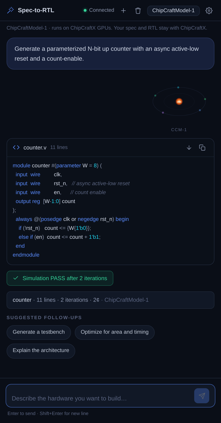 The ChipCraftVS chat panel returning a synthesizable, parameterized Verilog counter from a plain-English prompt.