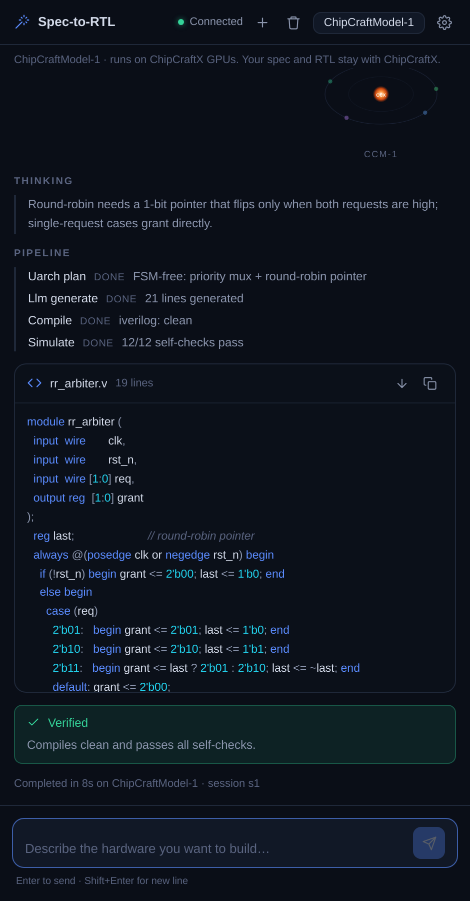 The ChipCraftVS agent loop showing think, generate, compile, and simulate steps ending in a passing verdict.
